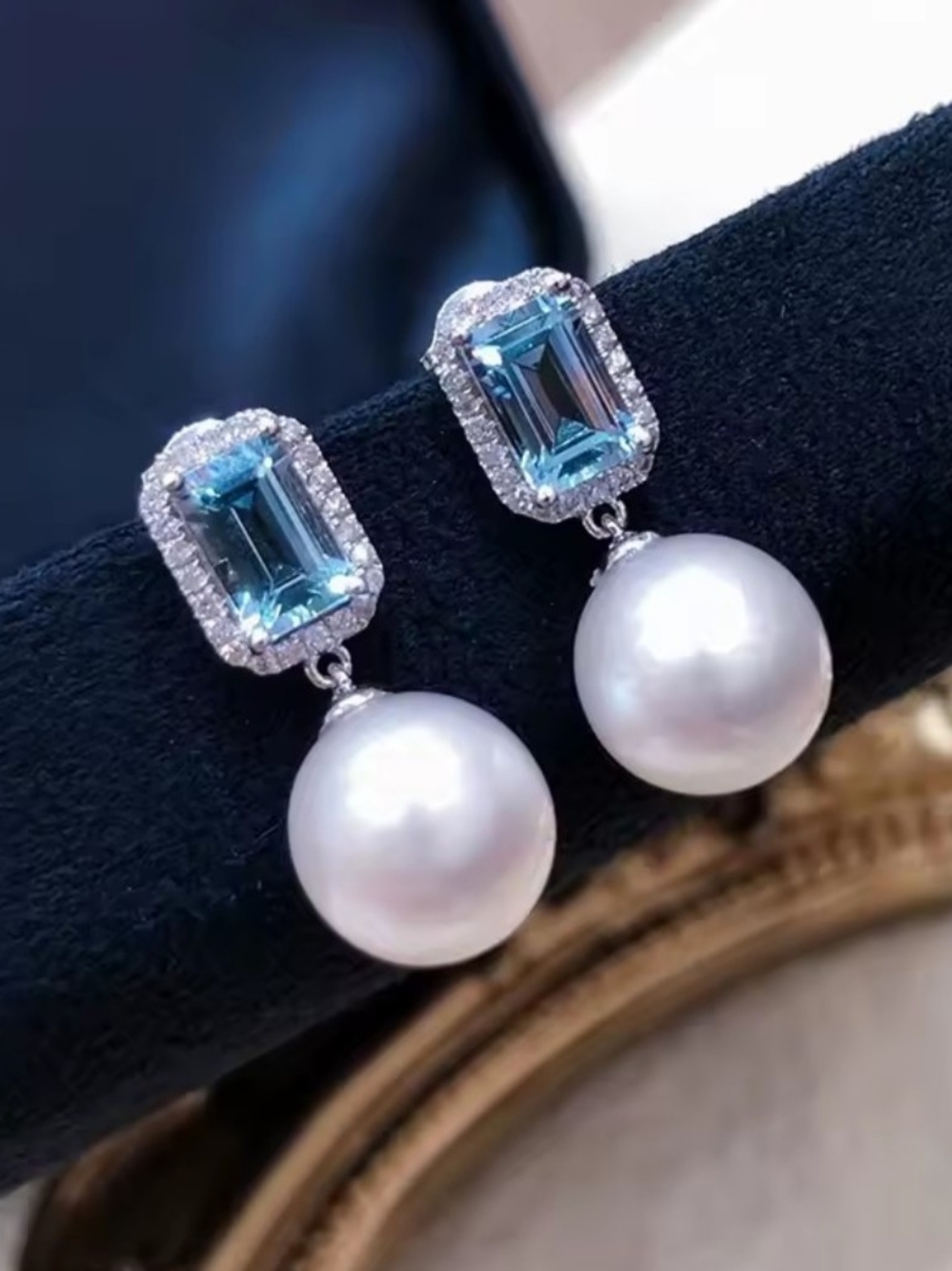 White Rhodium Blue Topaz Pearl Earrings